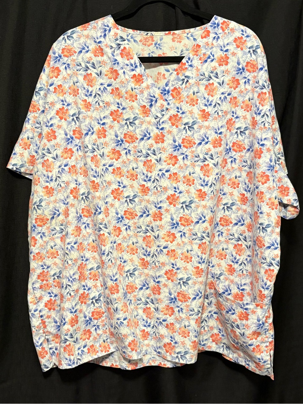 Handmade short-sleeve, white-based scrub top with orange, blue, and pink. Sz 3x
